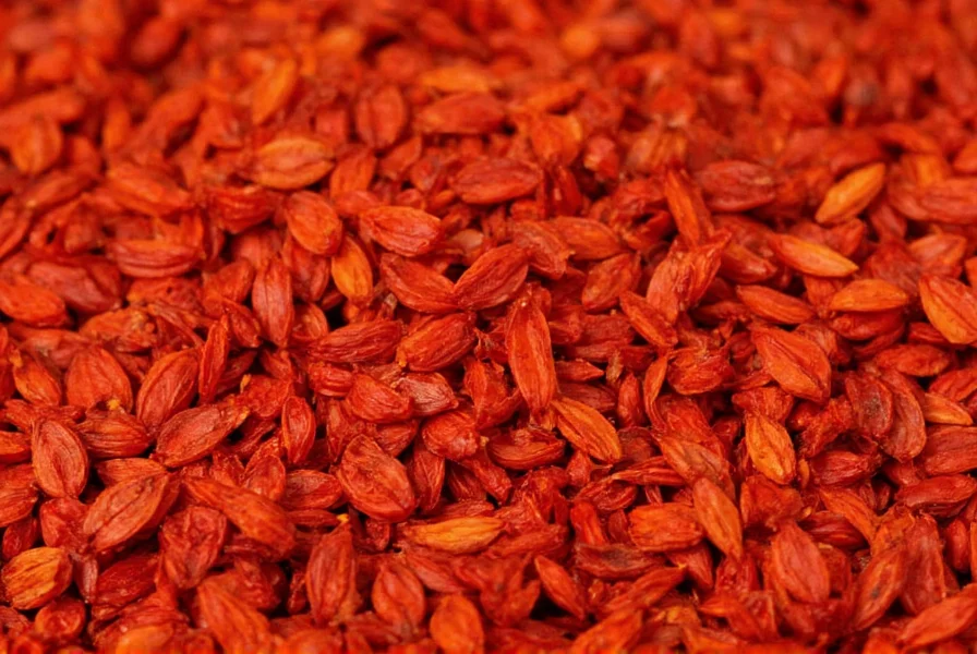 Close-up view of dried cayenne pepper flakes showing vibrant red color and texture