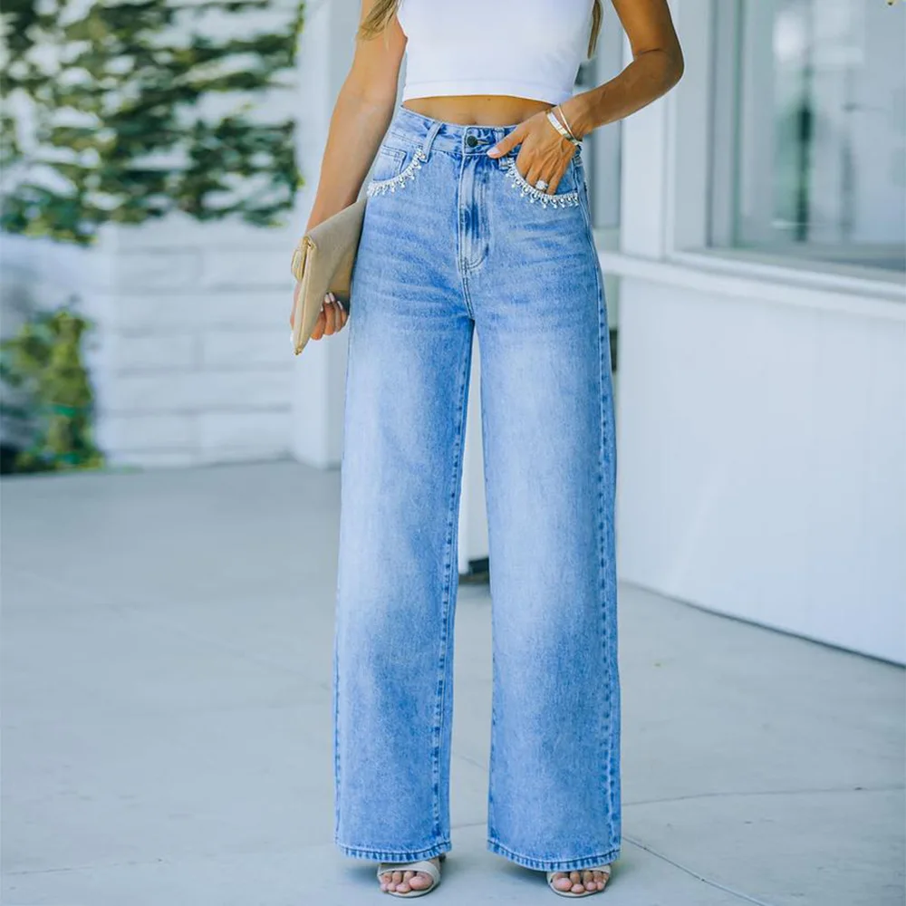 

2021 new petal pocket temperament casual loose washed denim trousers women, As picture