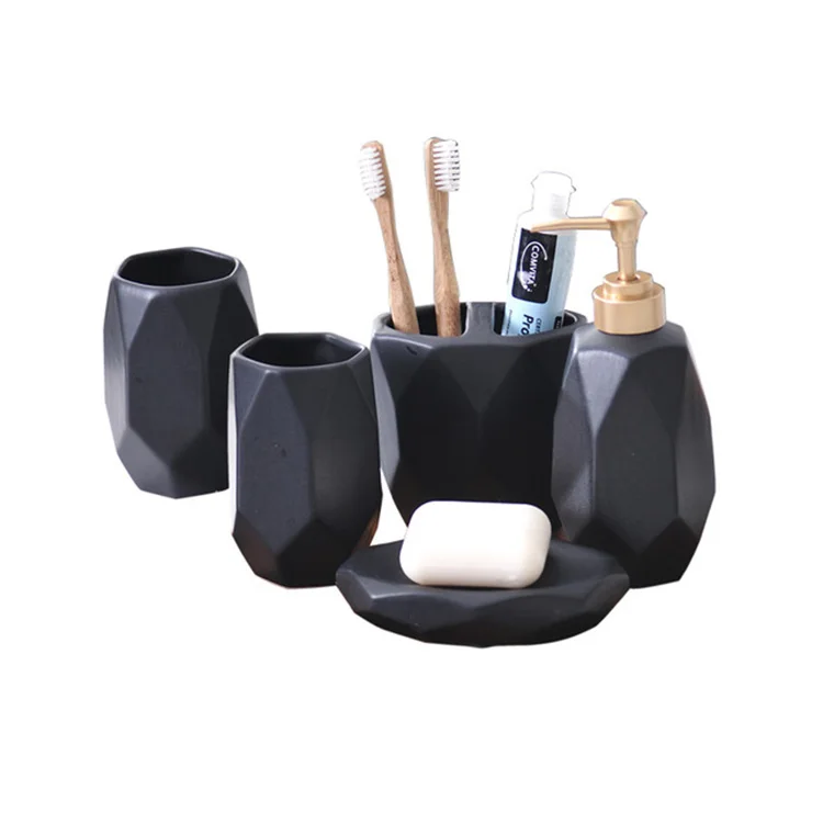 

Fashion Black Matte 5 Piece Diamond Shape Wash Cup Hand Soap Bathroom Luxury Accessories Set, Natural
