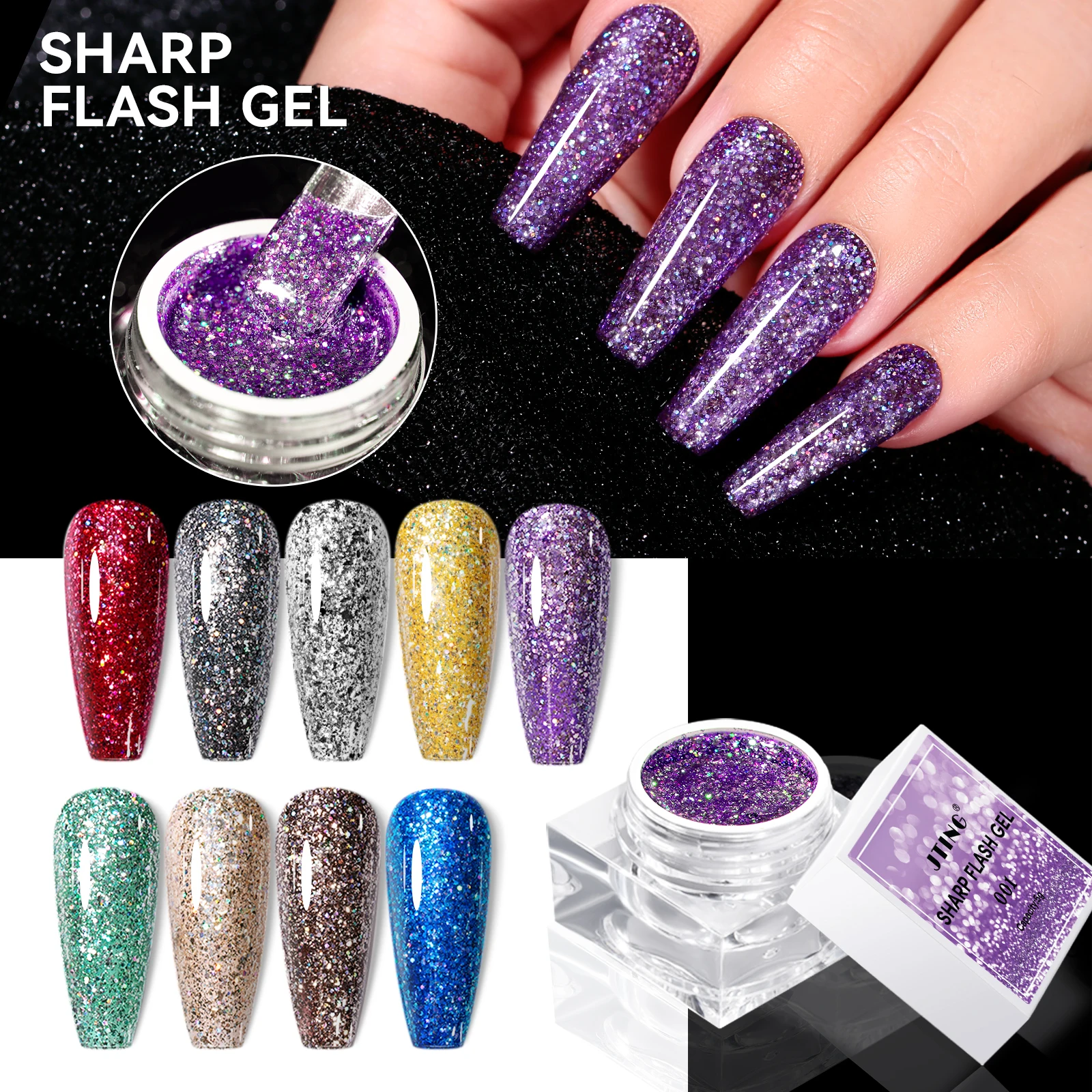 

JTING high pigment vegan 9 Colors sharp flash glitter gel polish uv led nail gel with 5ml unique jars OEM private logo design