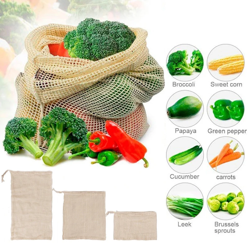 

Cotton Mesh Vegetable Bags Produce Bag Reusable Cotton Mesh Vegetable Storage Bag Kitchen Fruit Vegetable with Drawstring, Natural