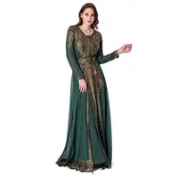 

Dark Green Chiffon With Heavy Full Appliques Golden Flower And Matching Color Pearl Beading Kaftan Jalabiya Long Wedding Dress