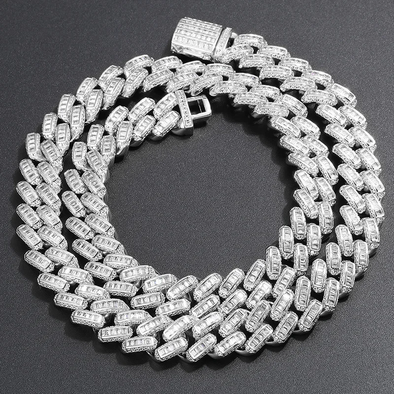 

13mm Sterling Silver S925 Square Zircon Mixed Inlaid Cuban Chain Hip-Hop Trendy Brand Necklace On Sale