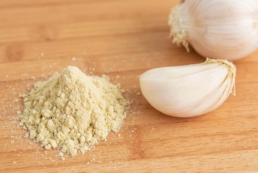 Garlic cloves next to garlic powder measuring spoons showing conversion ratios
