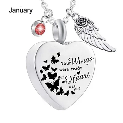 

God has You in his arms with Angel Wing Charm Cremation Ashes Jewelry Keepsake Memorial Urn Necklace with Birthstone Crystal