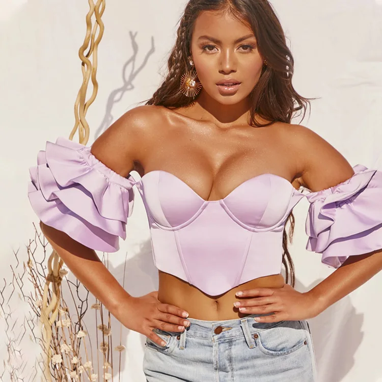 

XQM Cryptographic Satin Bustier Corset Top Women Shirts Blouses Ruffles Off Shoulder Backless Crop Tops Plus Size, Pink,lavender