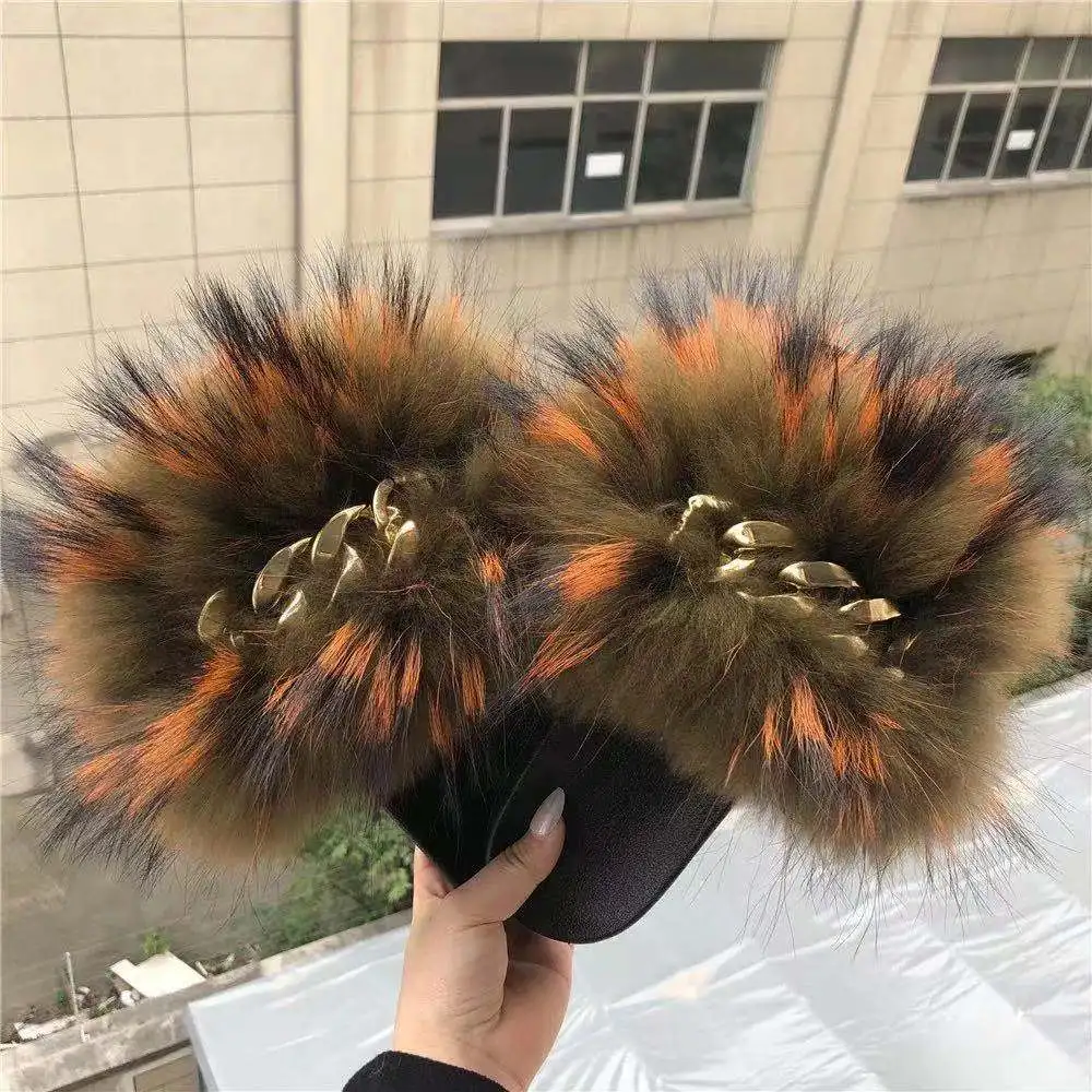 

Popular Style Fur Slides Sandals Soft Fox And Racoon Fur Slippers Women, Customized color