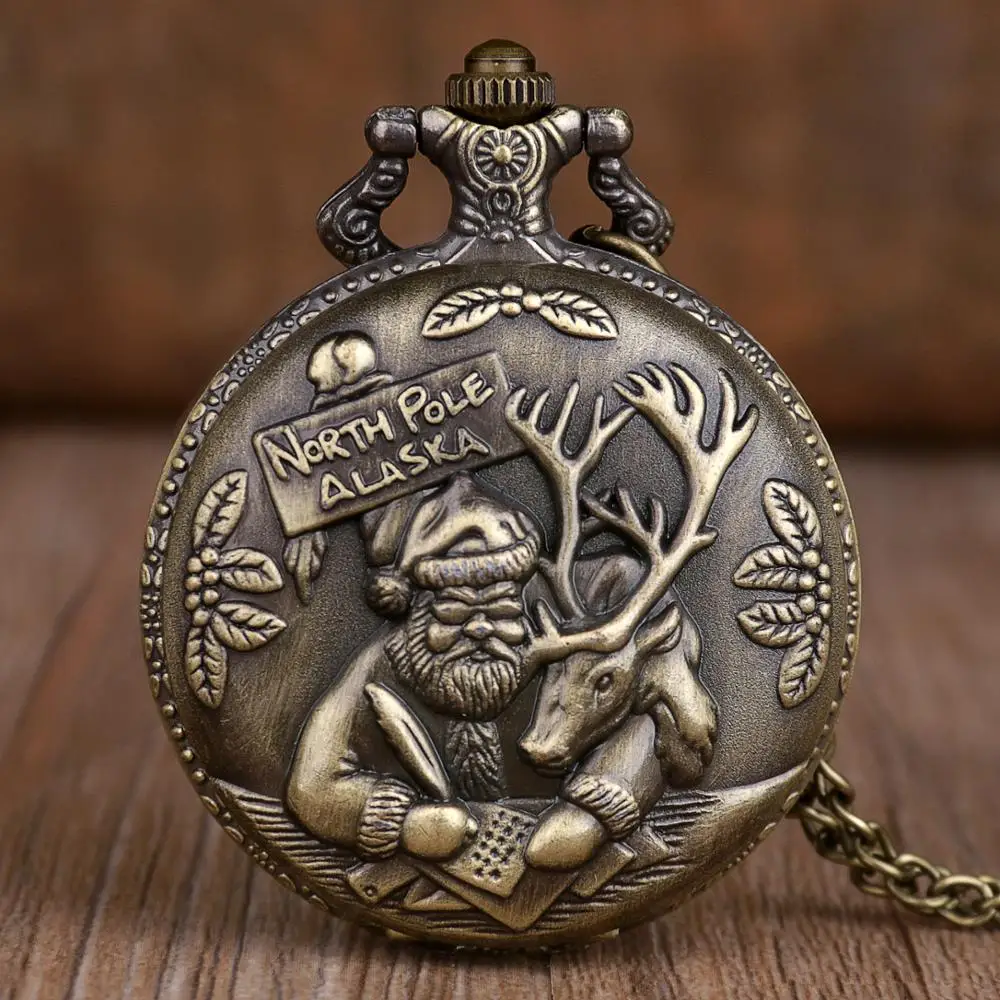 

Vintage Bronze Quartz Pocket Watches For Men Women Santa Claus Pocket Watches Necklace Chain Clock (KWT2201), As the picture