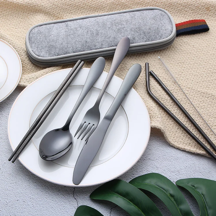 

Hot Sale Black 7pcs Knife Spoon Fork Straw Stainless Steel Portable Travel Cutlery Set