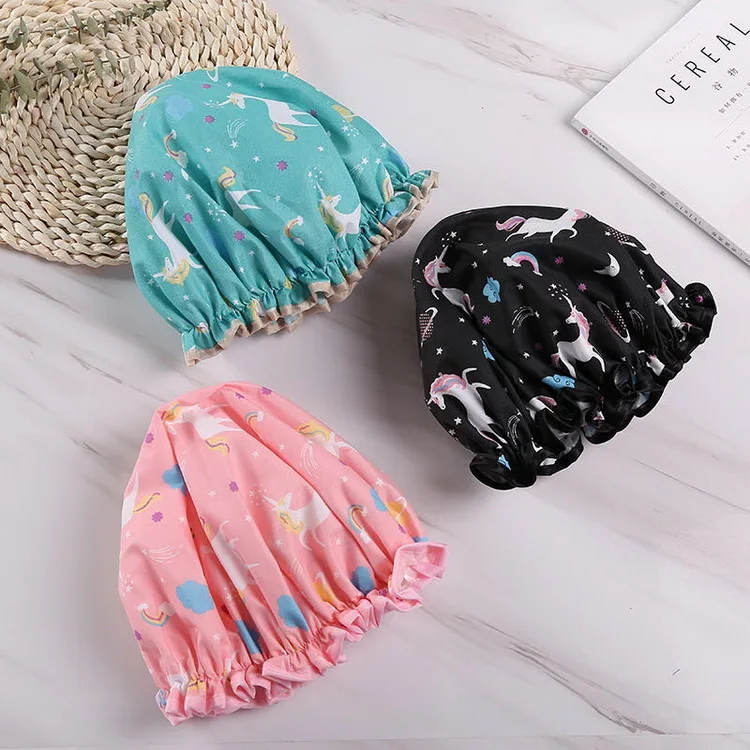 

Wholesale Double Layers Waterproof PEVA Inner Cartoon Printed Custom shower cap, Mixed colors
