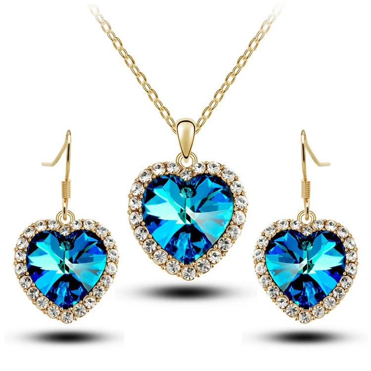 

Korean 925 Silver Hooks Earrings Jewelry Sets Crystal Rhinestone Heart Necklace For Women