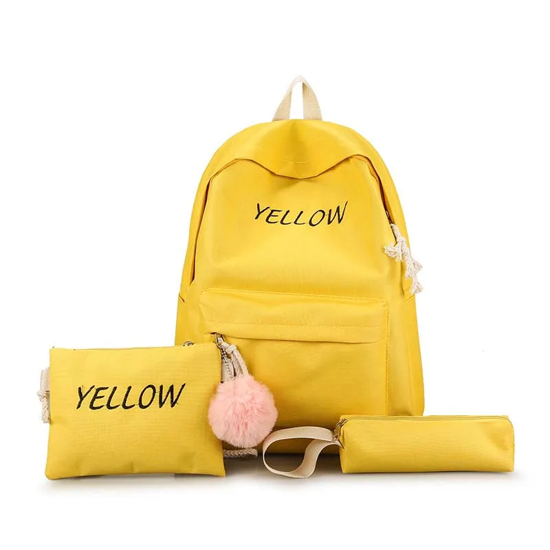 

Solid Color Canvas Backpack 3 pieces Set Large Capacity School Bag For Teenage Girls Travel Purse Bagpack sac a dos, Yellow/black/pink/green