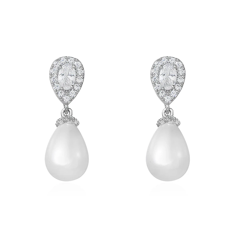 

High Quality White Gold Plated 3A Cubic Zirconia CZ Crystal and Shell Pearl Bridal Wedding Drop Earrings