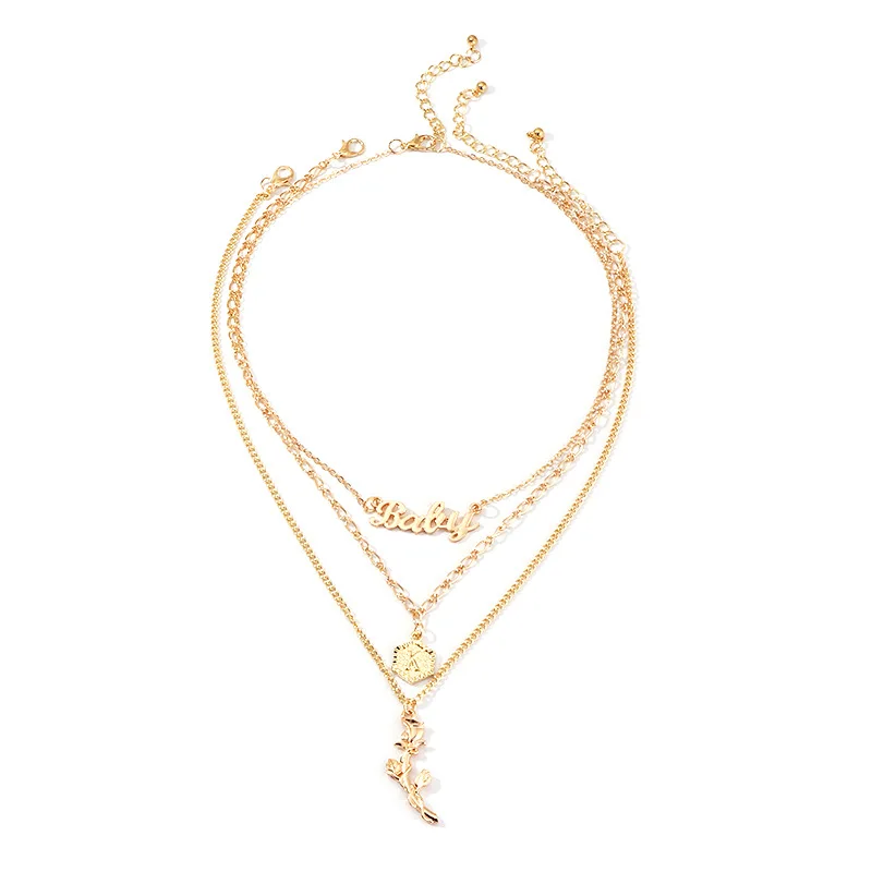 

Fashion Multi-layer Rose Letter Retro Necklace Baby Letter Pendant Necklace Jewelry