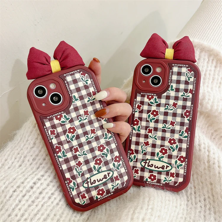 

2022 Hot Korea Shockproof Luxury Flower Plaid Leather Phone Case with Bowknot Cover for iPhone 13 pro max 12 pro 11