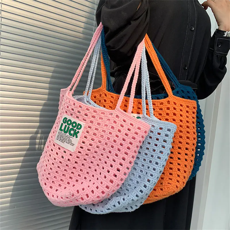 

Diy woven woolen yarn shopping bag fashion hollow out letter tote bag