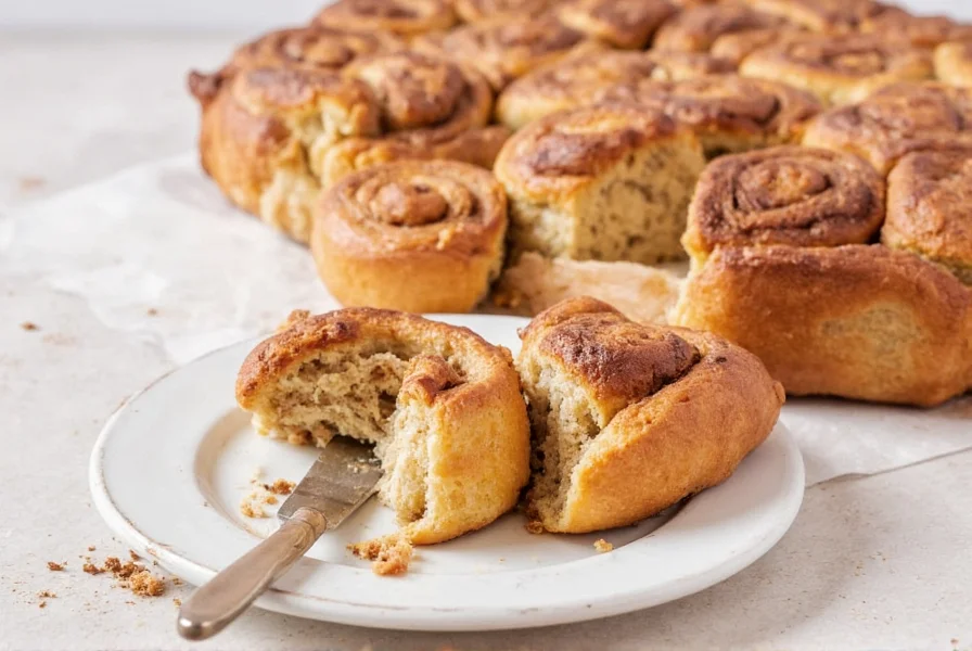 Step-by-step process showing vegan cinnamon roll dough being rolled, filled with cinnamon sugar, and sliced with dental floss