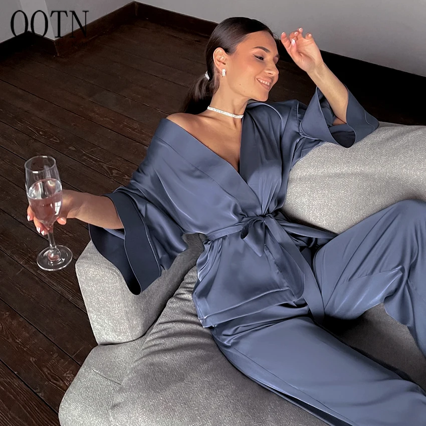 

OOTN Wrist Sleep Tops Satin Pants Loose Pajamas Casual Sleepwear Female Home Suits Solid Women Robes With Sashes 2 Piece Set