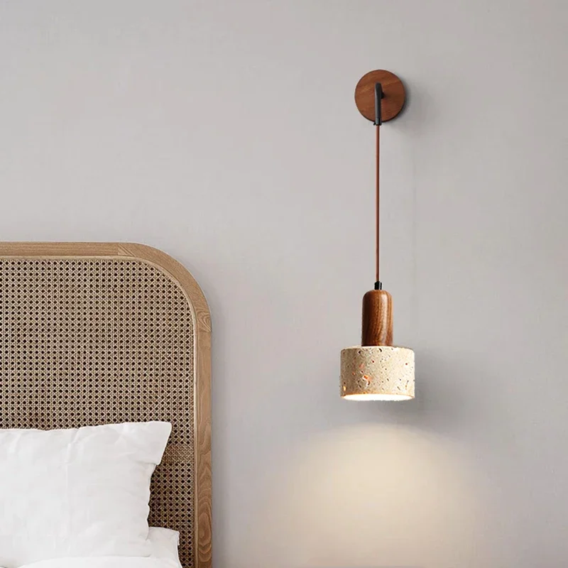 Hot Style Wabi Sabi Natural Stone Hanging Travertine LED Wall Lamp for Home Decoration Bedroom Bedside Living Room Homestay