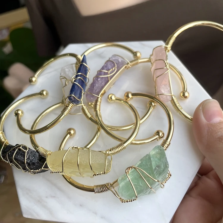 

2021 Wire Wrapped Natural Stone Gemstone Bangle Natural Rose Quartz Healing Crystal Birthstone Bracelet Bangle Jewelry