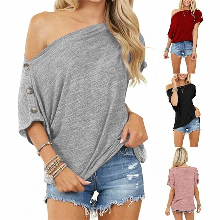 

Factory Supply Sexy Women Cotton Short Sleeve Off Shoulder Loose Casual Solid Color T-shirt
