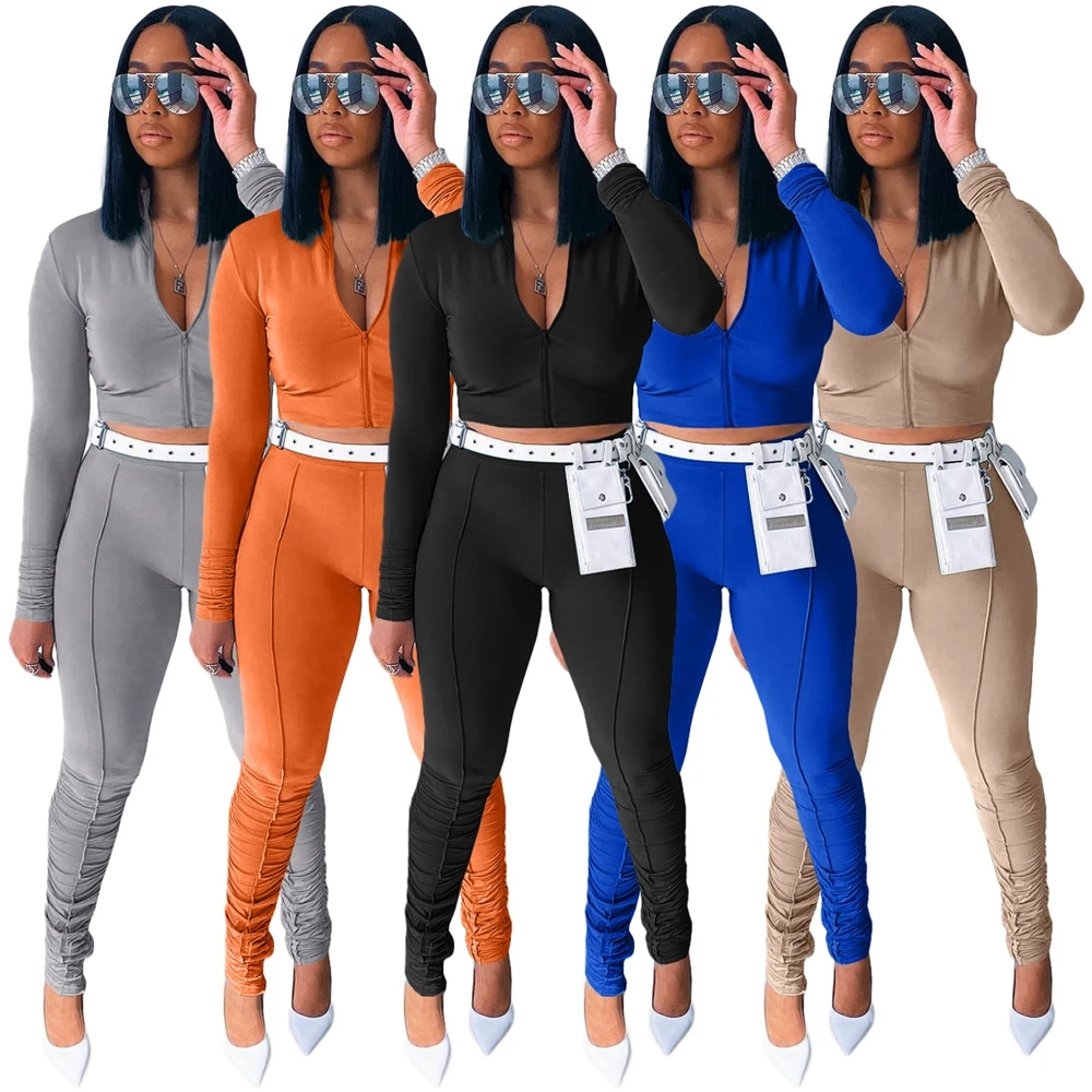 

MD-20083002 Stack Pants Two Piece Set Women Sports Wear Track Suit Cropped Tops Stacked Leggings 2 Piece Pants Set Clothing