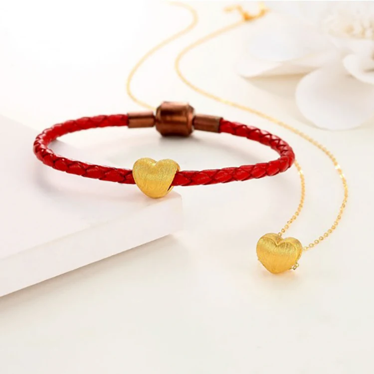 

Valentine'S Day Love Couple Red String Bracelet Brushed Heart Shaped Transfer Bead Pendant Necklace Beaded Leather Rope Bracelet