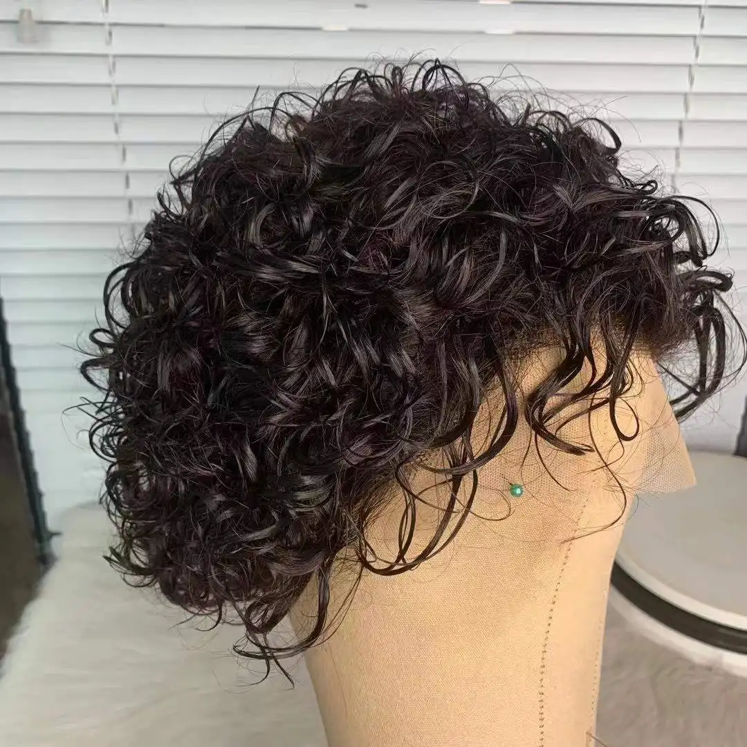 

Perruque Pixie Cut Curly Wig Human Hair Bob Short Pixie Lace Wig BleachedKnots Lace Frontal 13x1 Pixie Curls Wig With Baby Hair, Natural black
