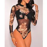 

2019 Dropship Floral Print Black Long Sleeve Mesh Bodysuit Jumpsuits