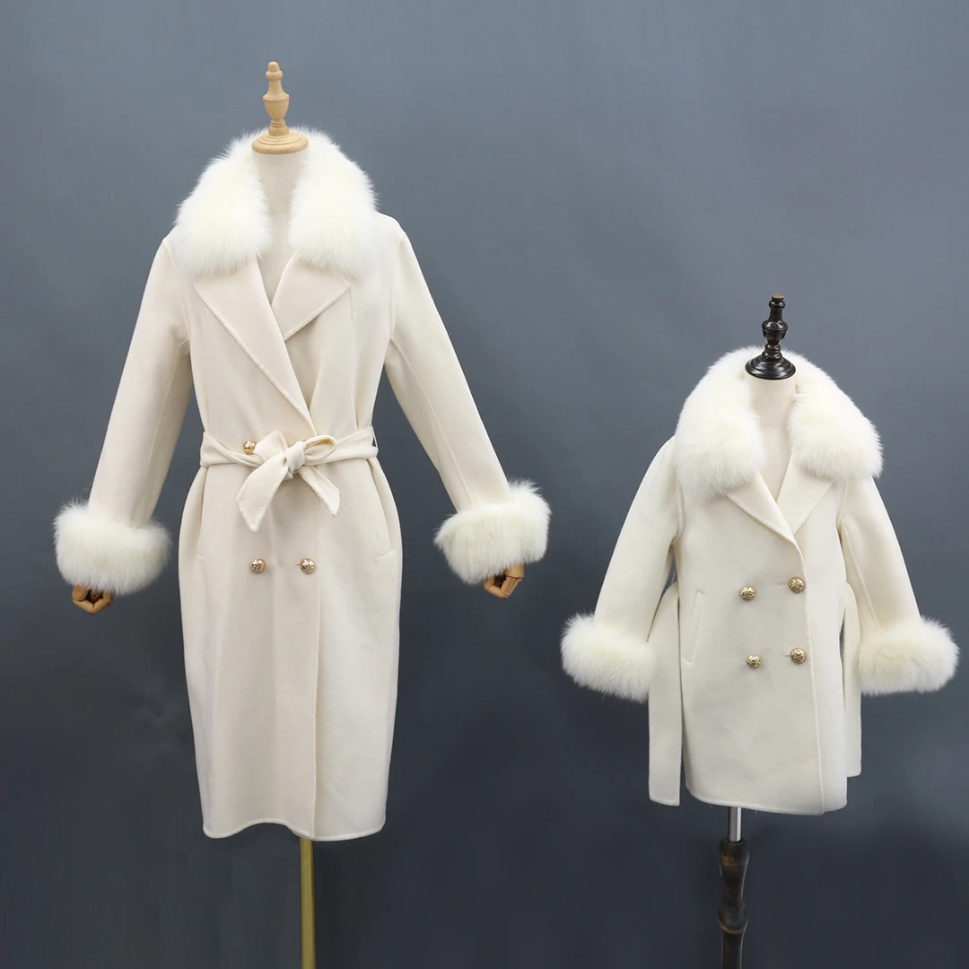 

Double Sided Wool Mother and Daughter Clothes with Fox Fur Collar & Cuff Cashmere Coat, Pink/white customized color