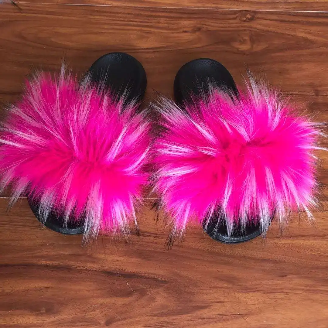 

Beautiful Spring Furry Soft faux Fur Slides For Women Fluffy Fox Slippers, Customized