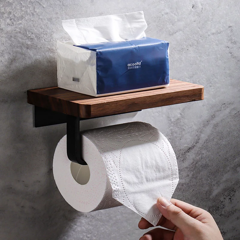 Creative Solid Wood Paper Towel Holder Walnut Toilet Paper Box  Roll Paper Holder Toilet Mobile Phone Rack Black Carton