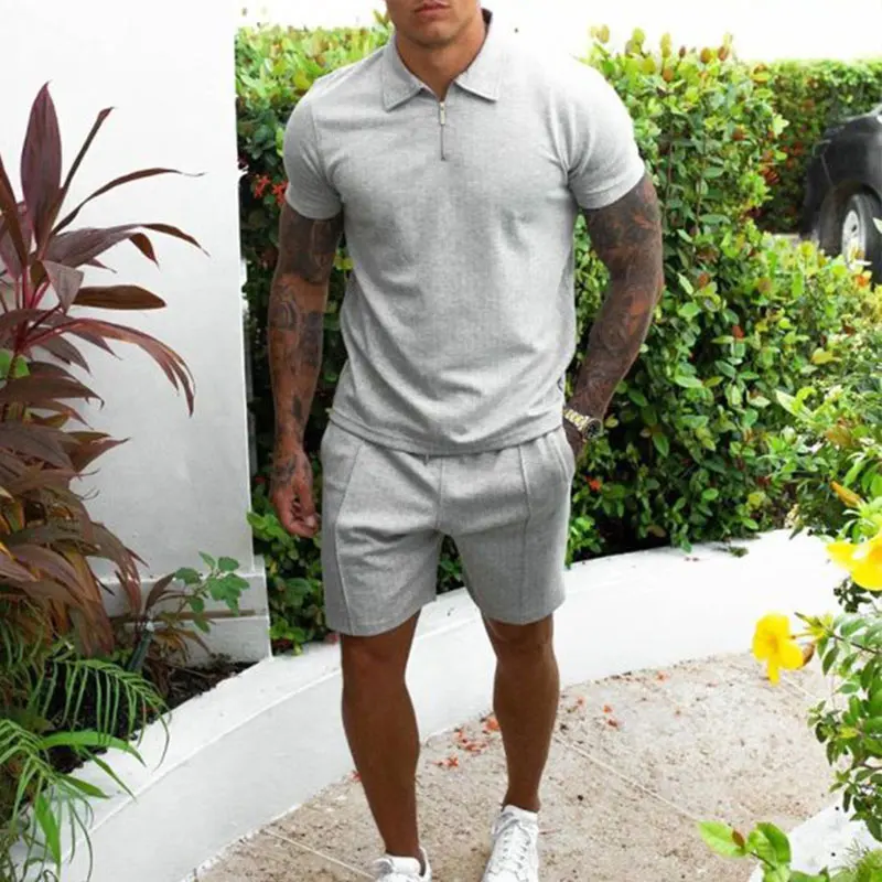 

Men's Cotton Zipper Polo Short Sleeve Shirt Shorts 2-piece Set 2021 Summer Men's Lapel Solid Color tshirt Suit