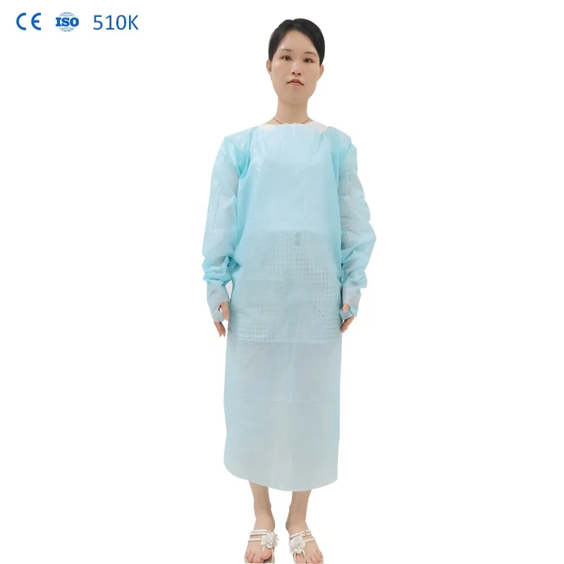 

Hospital PP PP+PE SMS ASTM F1671 Medical cpe gown EN14126 15g 18g M L XL 2XL disposable CPE gown Long sleeve with tumb loop, Blue/white/green/orange