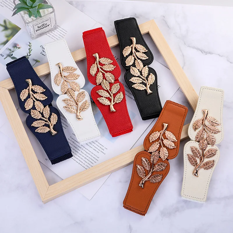 

Fashion Leaf waistbands Stretchy Elastic Belt Double Metal Buckle Waistband Red Black White Brown Belt for Women Girls