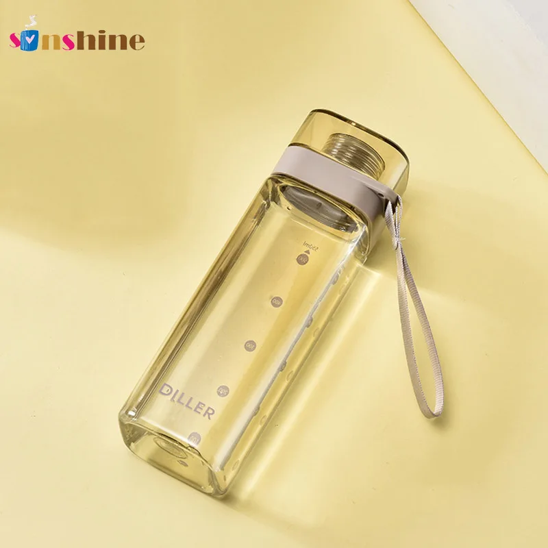 

custom logo bpa free transparent plastic square shaped water bottle with rope, Blue,green,pink,coffee