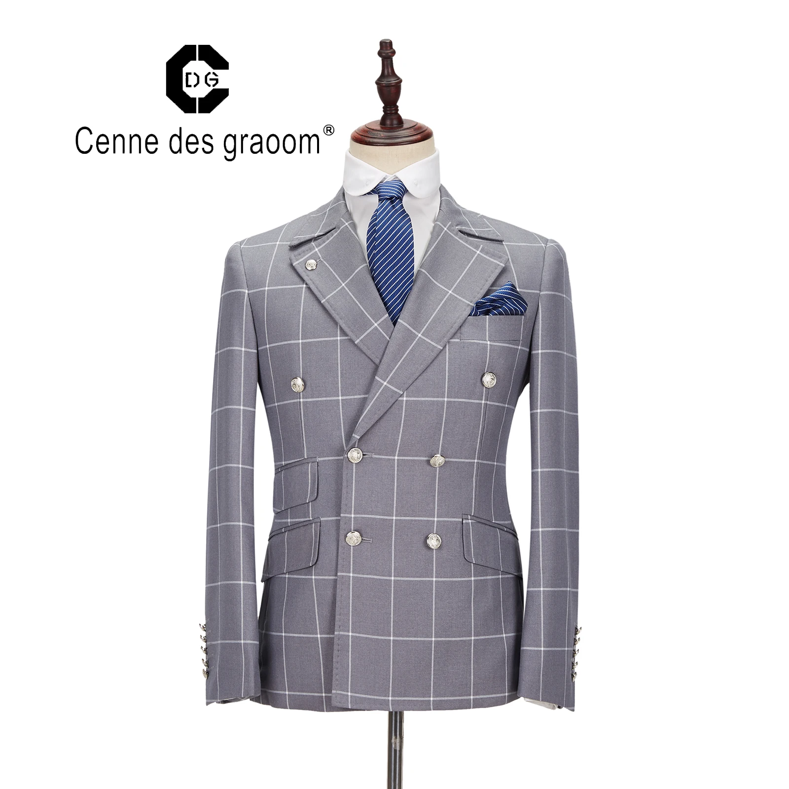 

Mens Suit 2 Piece Slim Fit GREY plaid fabr Wedding office double breasted for Cenne des graoom Lapel Blazer Trousers