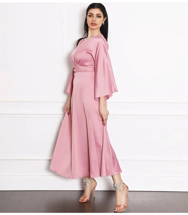 

Middle East Dubai European Muslim Women Lotus Leaf Sleeve Eid Satin Fabric Abaya Long Dress