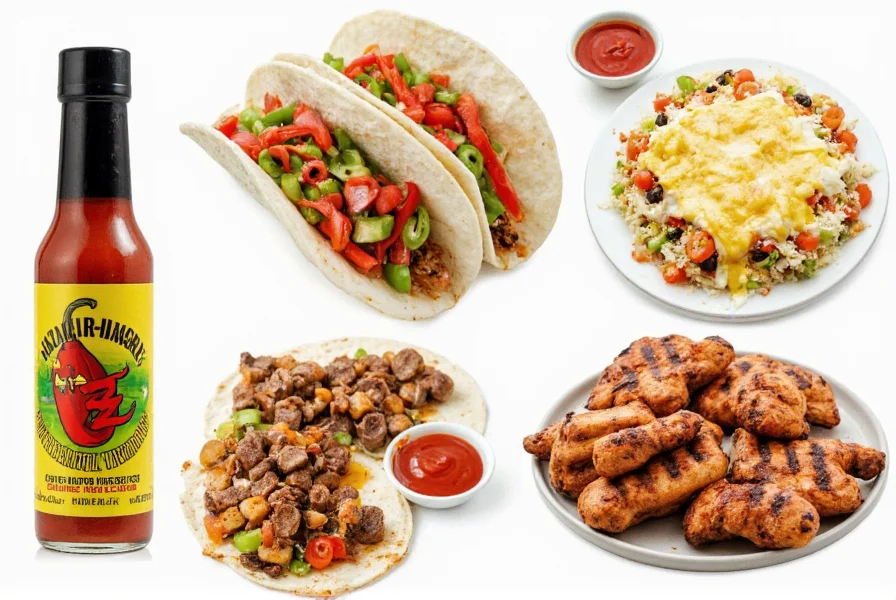 Pepper ZZZ Sauce bottle next to various food applications showing usage on tacos, eggs, and grilled chicken