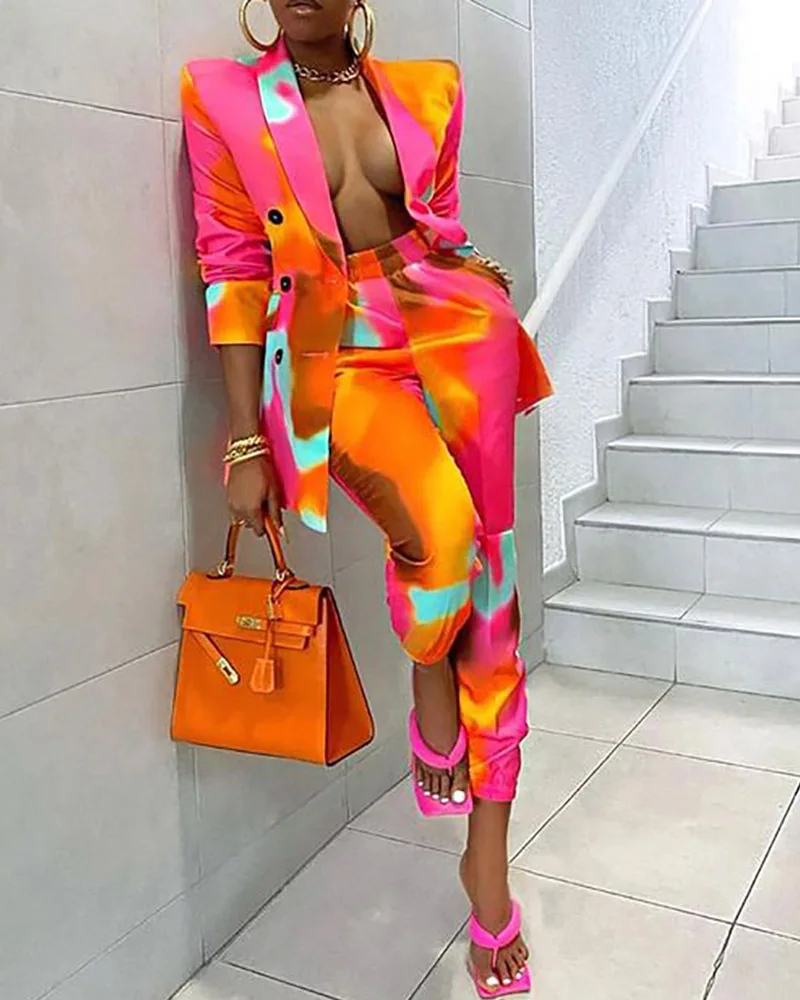 

LinYan New Arrivals Fall 2021 Jacket and Pant Set women Fashion Plus Size Women Elegant Tie Dye Long Sleeve Blazer Pants Set, 6 color