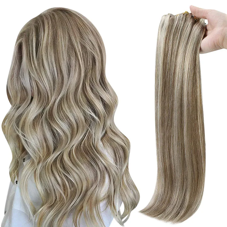 

Full Shine Hot Sale Invisible Seamless PU Clip in Human Hair Extensions #P8/60 Highlight Blonde Clip Hair Wholesale
