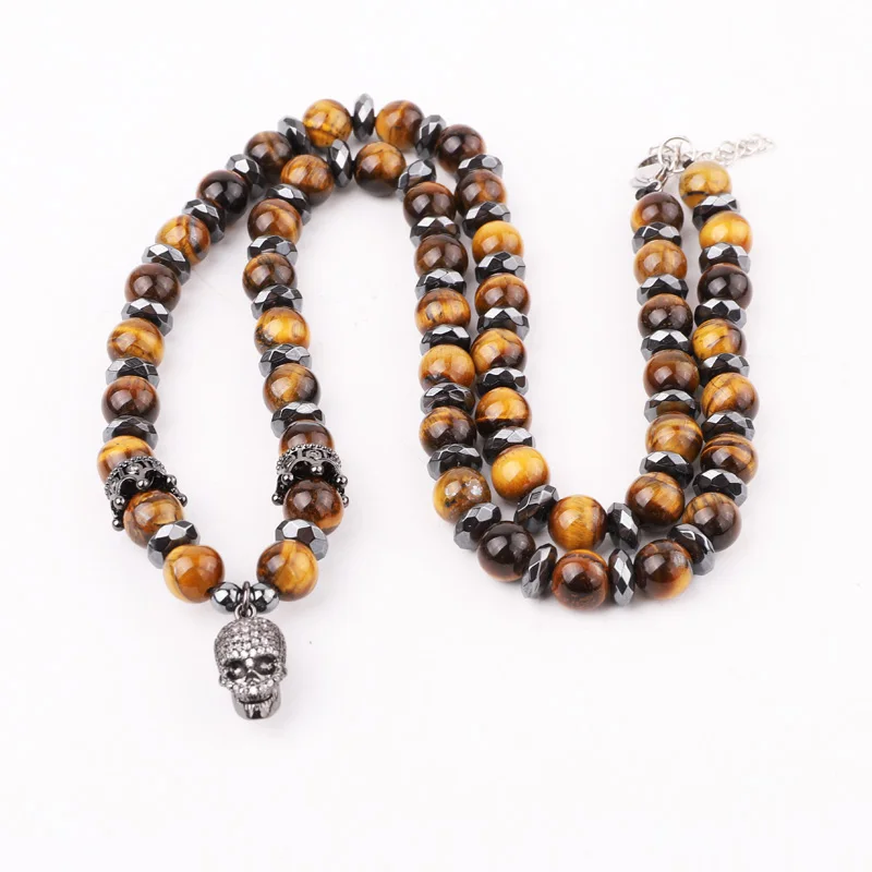 

New Design High Quality Natural Stone Brown Tiger Eye Beads Skull Charm Pendant Necklace For Men