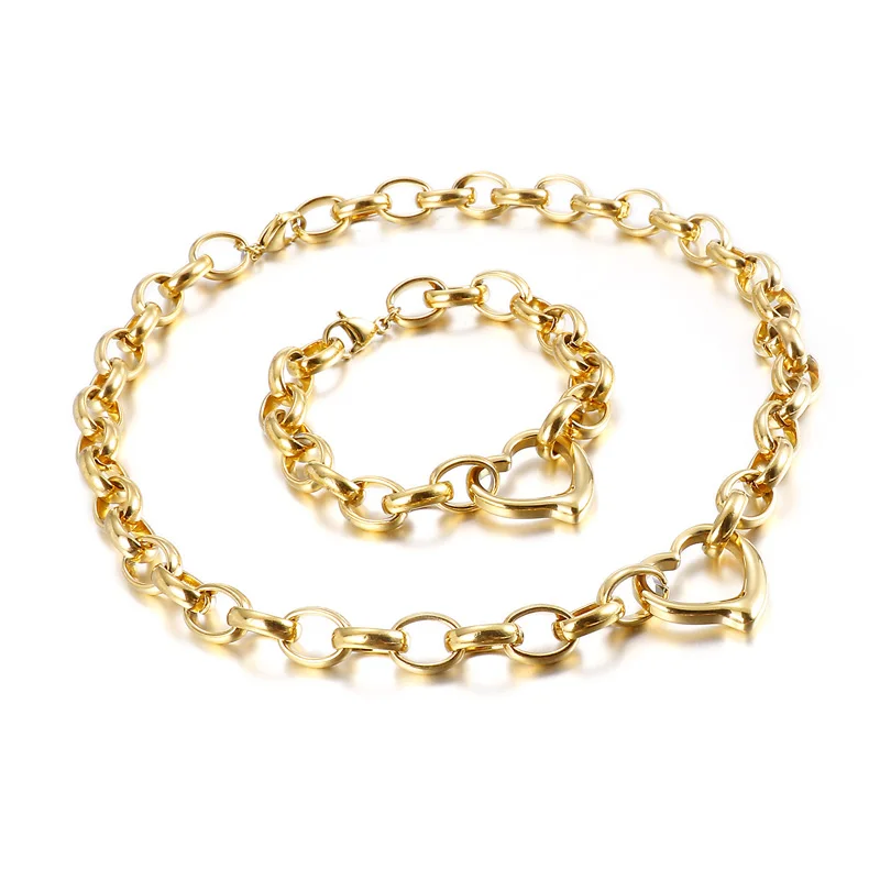 

High Quality Gold Plated Heart Necklace Long Chain Jewelry Set Bracelet Women