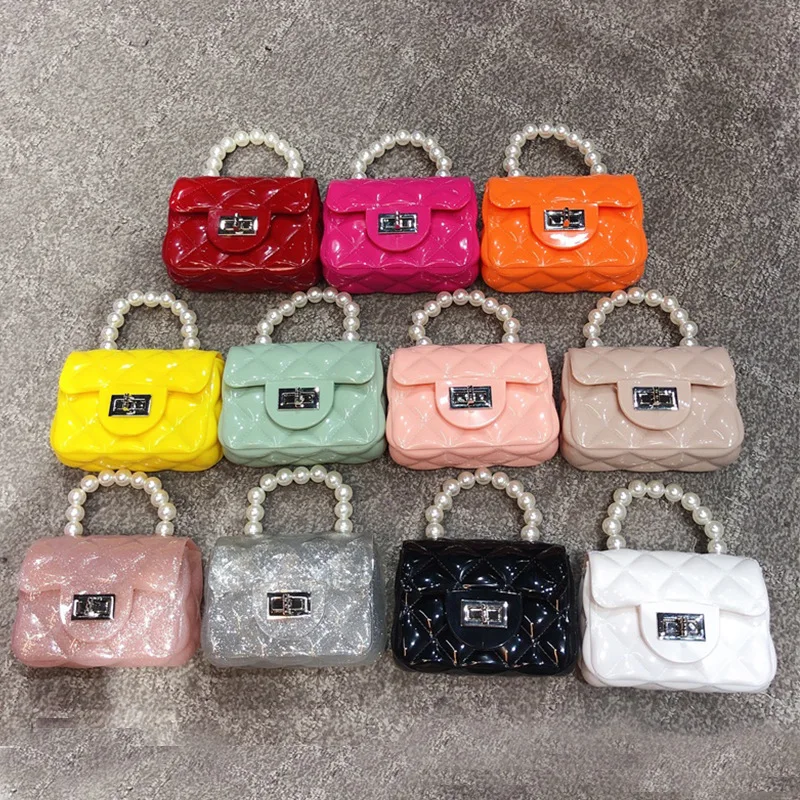 

Hot Selling fashion mini pearl cute bag designer jelly clear handbags little girls kids purses, 14 colors