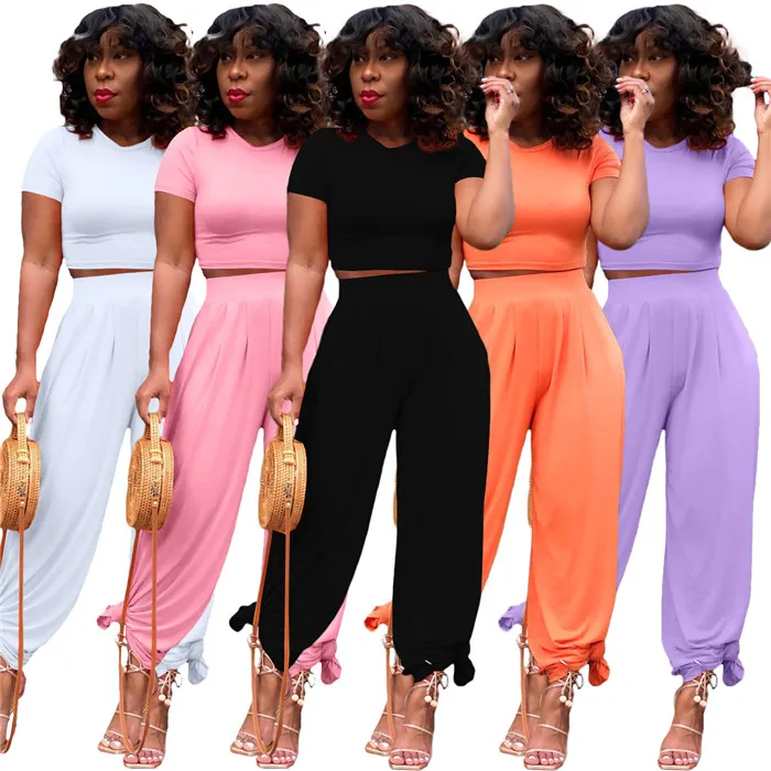 

B8214-summer 2021 solid color casual short sleeve crop tops 2 piece pant set