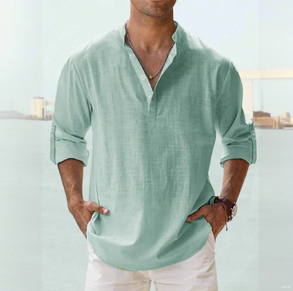 S-5XL  Linen Standing Neck Long Sleeved T-shirt Loose Fitting Men's Sweatshirt Solid Color Long Sleeved Cotton Linen Shirt