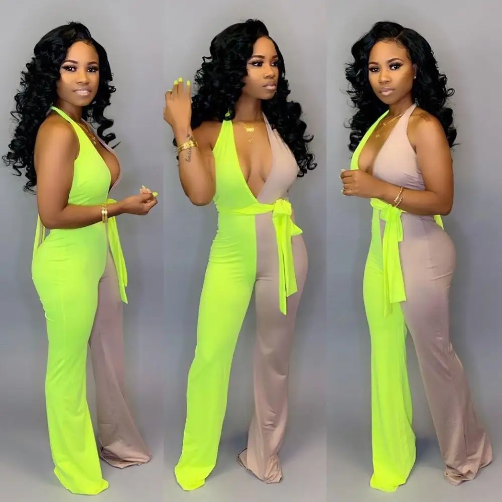 

New Fashion Casual High Quality Women Wide Leg Sleeveless Bandage One Piece Deep V Neck Patwork Jumpsuits