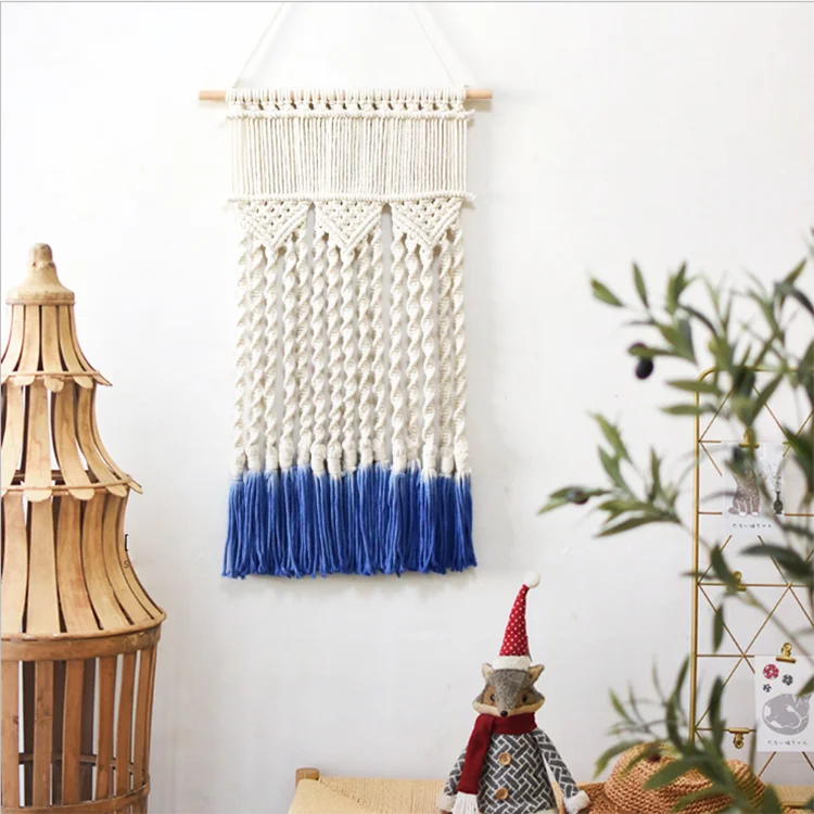 

Factory direct sale handmade macrame wall hanging tapestry boho decor wall art home decoration pieces, White.blue