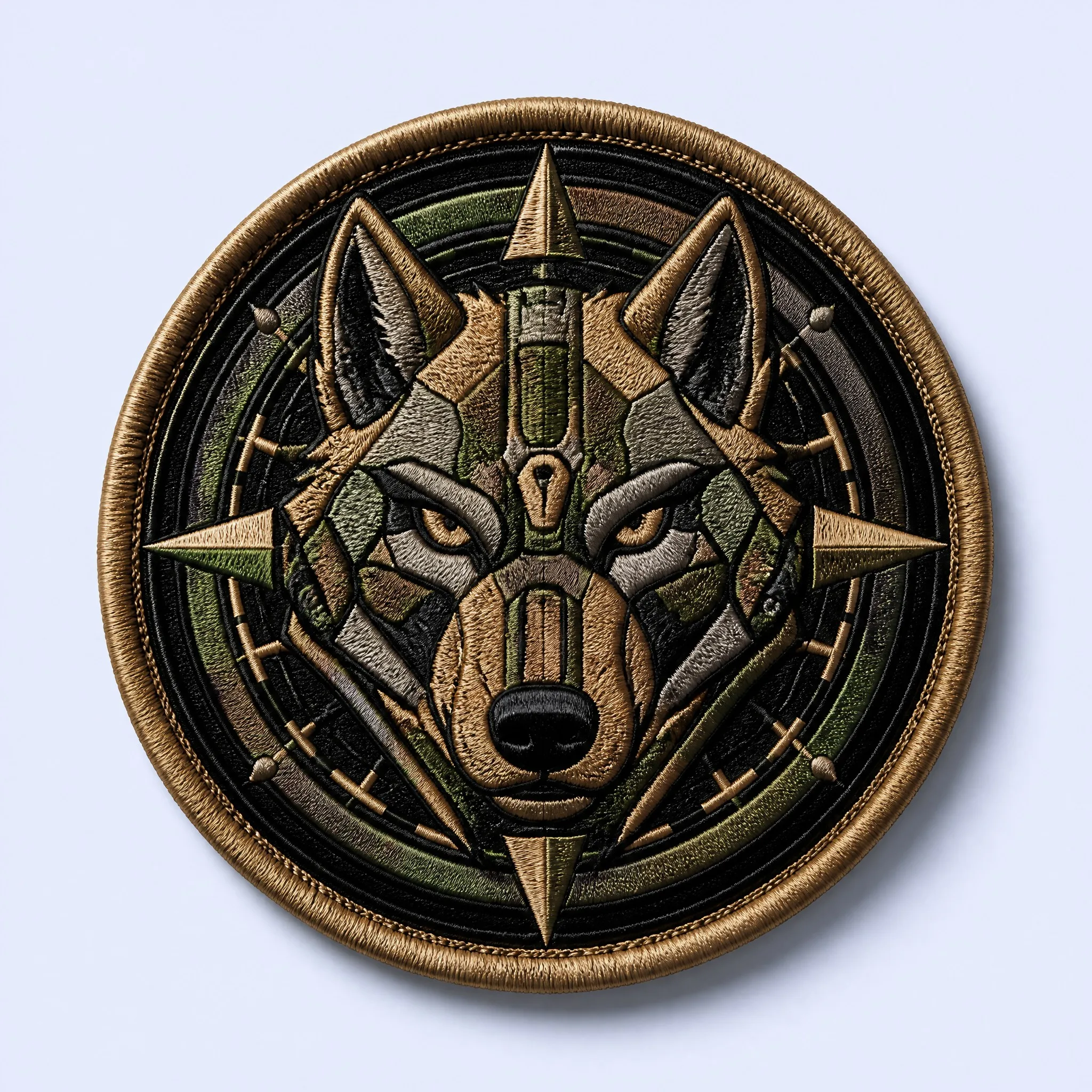 Circular Tactical Geometric Wolf Head and Compass Rose Embroidered Patch with Heavy Merrowed Gold Border in Desert Tan and Camo
