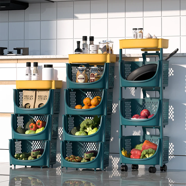 

2021 Hot Sale Multi-function Movable Removable 4 Layer Plastic Kitchen Fruit Storage Vegetable Storage Rack With wheels